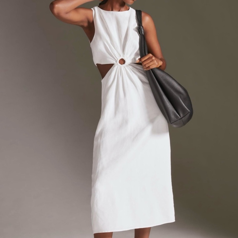 NTW Anthropologie En Saison White Linen Blend Grecian Cut Out Dress